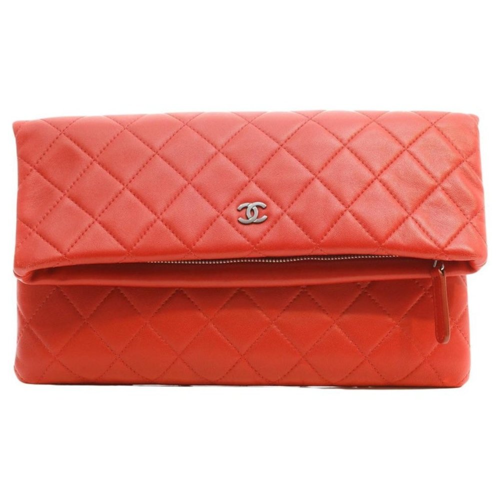 Chanel Red Quilted Lambskin Foldover Clutch